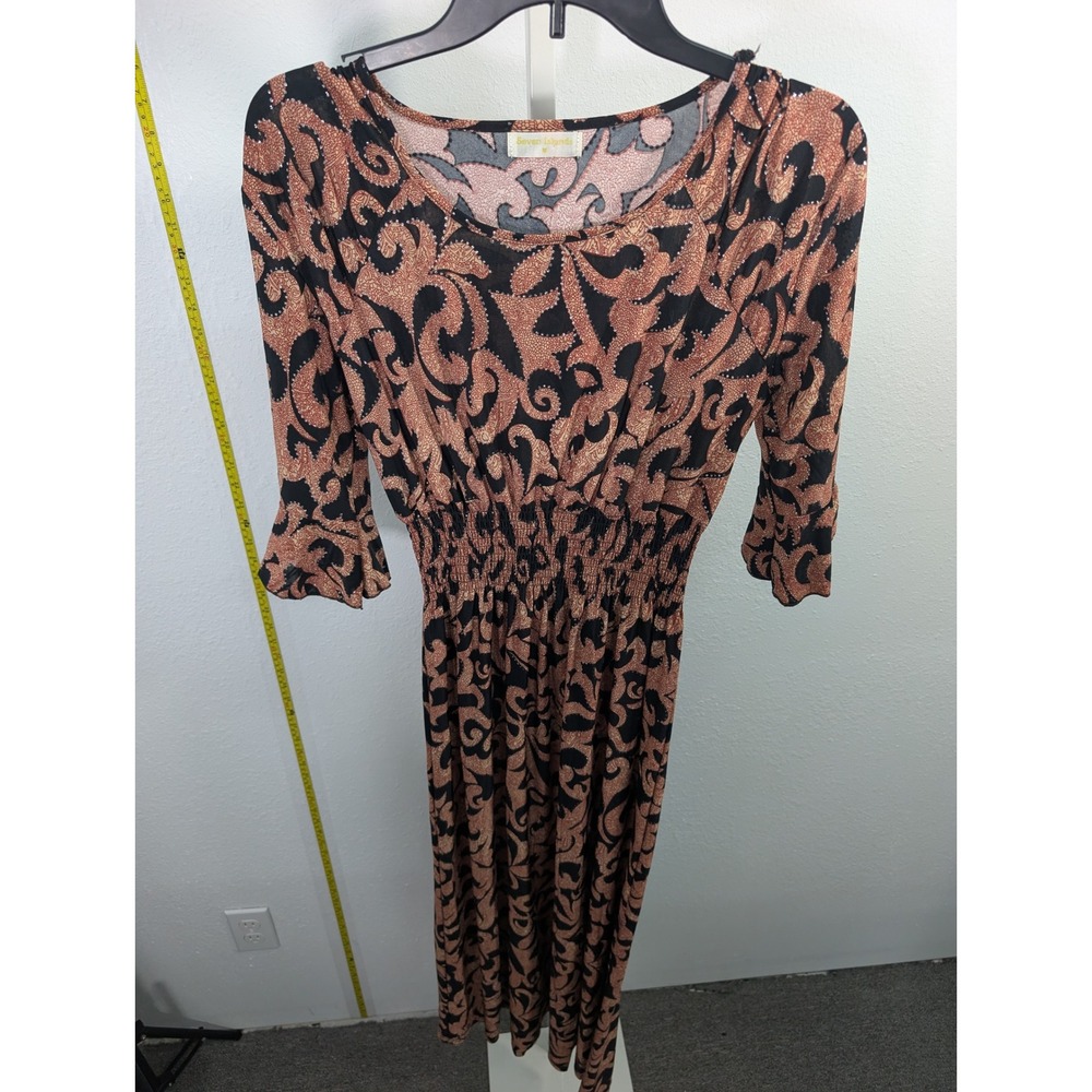 Seven Islands Women Copper Black Scroll Print Smocked Waist Maxi Dress Size M